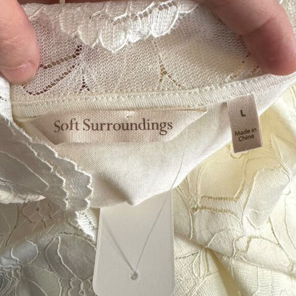 NWT Soft Surroundings Cream Lace Mock Neck Sheer Sleeve Tunic Blouse Women's L - Picture 9 of 10